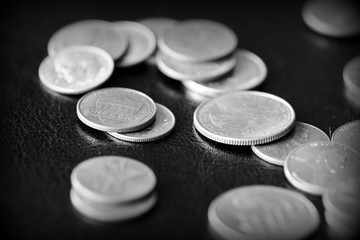 American cents on a dark background close up. Black amd white