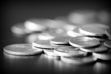 American cents on a dark background close up. Black amd white