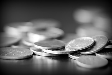 American cents on a dark background close up. Black amd white