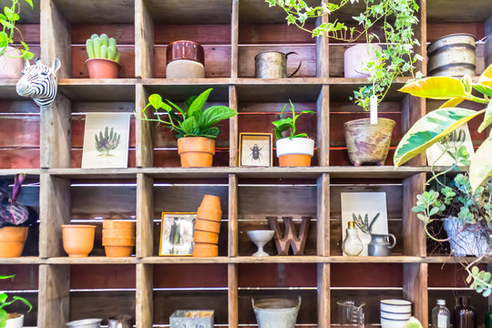 Working space and shelf with garden tools in cozy home garden on summer.