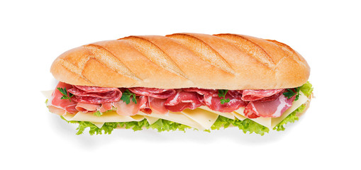 Tasty fresh baguette sandwich with ham, cheese and lettuce isolated on white background.