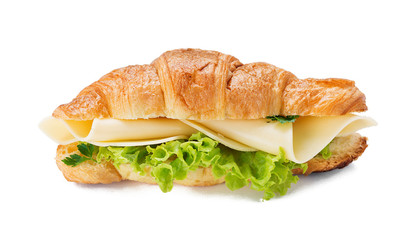 Tasty fresh croissant sandwich with  cheese and lettuce isolated on white background.