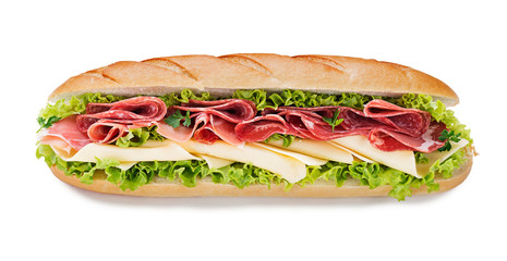 Tasty fresh baguette sandwich with ham, cheese and lettuce isolated on white background.