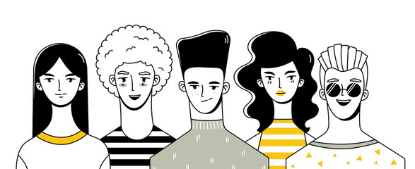 A group of young people (girls and boys). Drawing people in retro style.