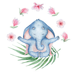 Akwarela joga słoń w pozycji lotosu z kwiatów ładny ilustracja - 264693380