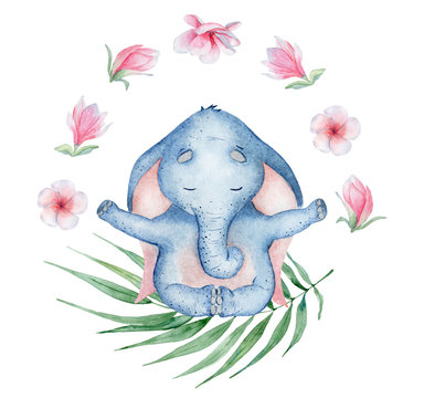 Watercolor yoga elephant in lotus position with flowers cute hand drawn illustration © EvgeniiasArt