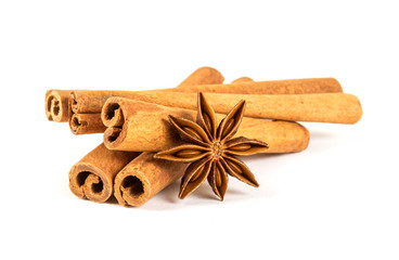 Close up the brown cinnamon stick with star anise spice isolated on white background