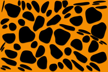 Fototapeta na wymiar Black free form geometric organic shapes on orange background. Abstract stone, fossil or animal footprint texture