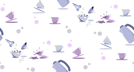 Seamless pattern with tea coffee setting in pastel colors
