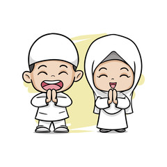 Cute Couple Moslem Kids Greeting Salaam