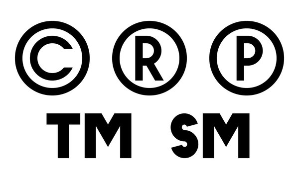 copyright, registered, sound recording copyright, trademark, service mark - intellectual property vector symbols