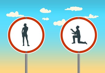 Silhouette of man in prayer pose. Man asking woman to marry him. Road signs with human icons