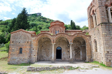 old church of Agia Sophia in medieval abandoned town Mystras, Greece