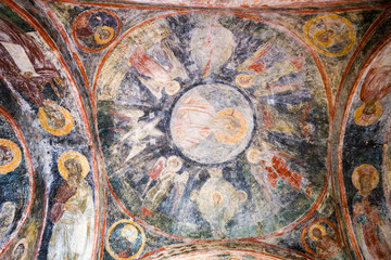 Church Ceiling Dome medieval Mural in abandoned city Mystras, Greece