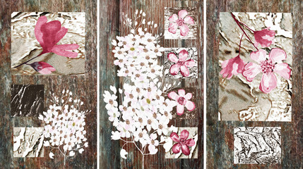 Collection of designer oil paintings. Decoration for the interior. Modern abstract art on canvas. Set of pictures with different textures and colors. Pink and white flowers on beige background.