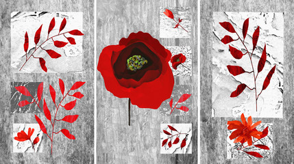 Collection of designer oil paintings. Decoration for the interior. Modern abstract art on canvas. Painting with different textures and colors . Red flowers on a gray background.