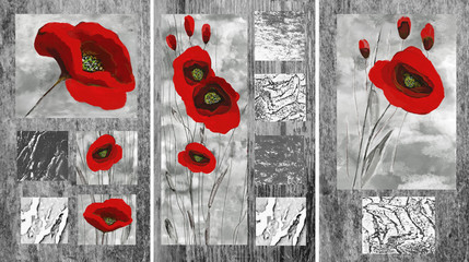 Collection of designer oil paintings. Decoration for the interior. Modern abstract art on canvas. Set of pictures with different textures and colors. Red poppies on gray background.