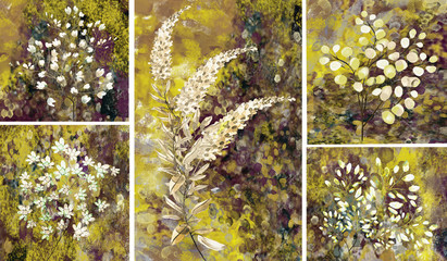 Collection of designer oil paintings. Decoration for the interior. Modern abstract art on canvas. Set of pictures with different textures and colors. White flowers on a colored background.