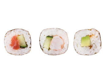 Sushi rolls isolated on white background. Collection. Close-up of delicious japanese food with sushi roll.