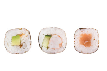 Sushi rolls isolated on white background. Collection. Close-up of delicious japanese food with sushi roll.