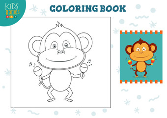 Copy and color picture vector illustration, exercise. Funny cartoon monkey