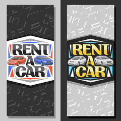 Vector layouts for Rent a Car, coupons with 2 cartoon different automobiles and original lettering for words rent a car, automotive signboard for economy rental company with grey abstract background.