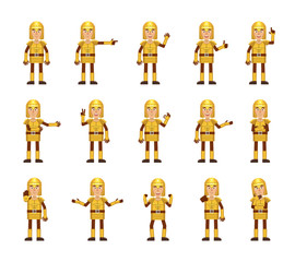Set of medieval knight characters showing different hand gestures. Cheerful knight showing thumb up, pointing, greeting, victory, stop sign and other hand gestures. Simple vector illustration