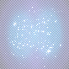 Dust white. White sparks and golden stars shine with special light. Vector sparkles on a transparent background. Christmas abstract pattern. Sparkling magical dust particles.