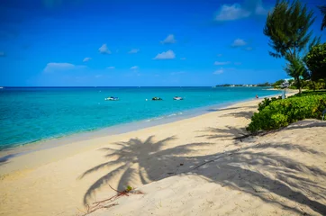 Keuken foto achterwand Seven Mile Beach, Grand Cayman Palmboomschaduwen op Seven Mile Beach op Grand Cayman in het Caribisch gebied.