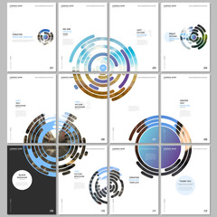 Minimal brochure templates with colorful blue circle elements, round shapes on white background. Covers design templates for flyer, leaflet, brochure, report, presentation, advertising, magazine.