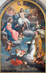 CATANIA, ITALY - APRIL 7, 2018: The paintng Resurected Jesus, Virgin Mary and St. Agatha in Apotheosis of st.  Emygdius (Emidio) in church Chiesa di San Agostino by Pietro Paolo Vasta (1761). © Renáta Sedmáková