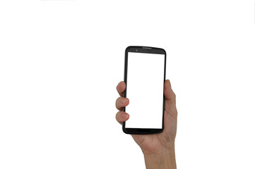 hand holding black phone isolated on white clipping path inside
