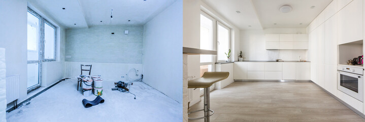 Modern open kitchen in renovated house with view on a lush garden, before and after