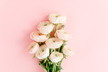 Bouquet of pink ranunculus flower close up. Flat lay, top view. Ranunculus flower texture.