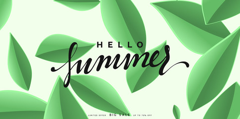 Hello Summer banner tropical background.