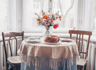Cake, Pastry with blueberrys arranged on table with flowers,