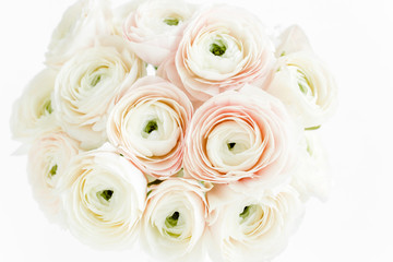 Bouquet of a lot of ranunculus pink color close up. Flat lay, top view. Ranunculus flower texture. 