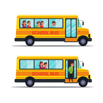 School bus flat vector illustrations set