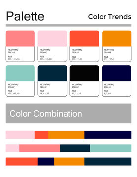 Color palette, harmonious combination, codes and names. Fashion colors for using in web, clothes, interiors and textiles