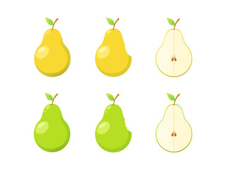 fresh green and yellow pear set. Isolated Vector Illustration