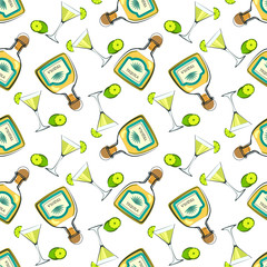 Tequila in seamless pattern. Template for printing on fabric. Il