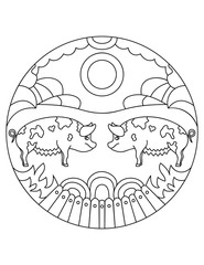 Pattern with farm pig. Illustration with a pig. Mandala with an animal. Coloring page for kids and adults.