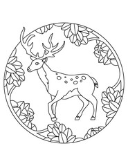 Deer pattern. Illustration with spotted deer. Mandala with an animal. Deer in a circular frame. Coloring page for kids and adults. Linear drawing of a herbivore.