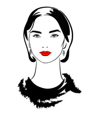 Beauty portrait of a girl with red lips, fur closes and and fashion makeup, minimalist black ink brush drawing technique