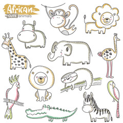 Vector set of cartoon African animals. Colorful jungle collection