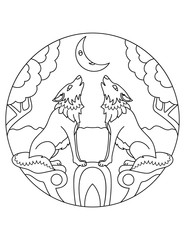 Pattern with a wolf. Illustration with wolves. Mandala with an animal. Predator in a circular frame. Coloring page for kids and adults.