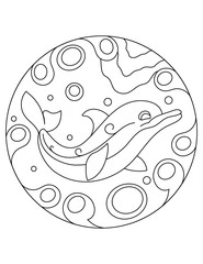 Pattern with dolphin. Illustration with a dolphin. Mandala with an animal. Dolphin in a circular frame. Coloring page for kids and adults.