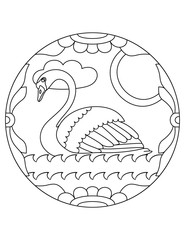 Pattern with swan. Illustration with a swan. Mandala with an animal. Swan in a circular frame. Coloring page for kids and adults.