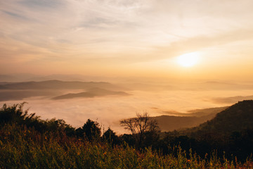 Dawn of Sea Fog on the top of the Sierra at Doi Samer Dao, Nan, Thailand 