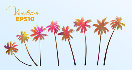 Set of watercolor palm trees . Coconut plant isolated. Vector illustration